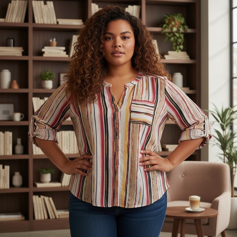 Zac & Rachel Woman Striped V-Neck Button Front‎ Roll Tab Sleeve Top Plus Size 3X